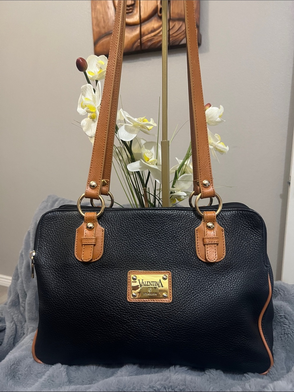 Valentina Italia Black Leather Shoulder Bag with Tan Straps EUC retail $225
